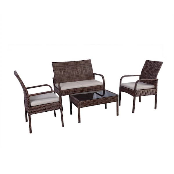 Layla 4-Piece Wicker Modern Patio Conversation Set with Beige Cushions