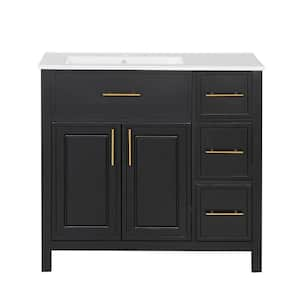 36 in. W x 18.3 in. D x 33.9 in. H Freestanding Bath Vanity in Black w/White Ceramic Top Sink 2 Doors and 3-Drawers