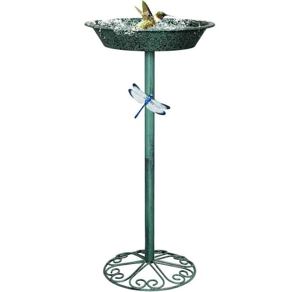 Outdoor Freestanding Birdbath: 25.5 in. H Metal Bird Feeder with Magnetic Dragonfly - Green Garden Yard Patio Decor