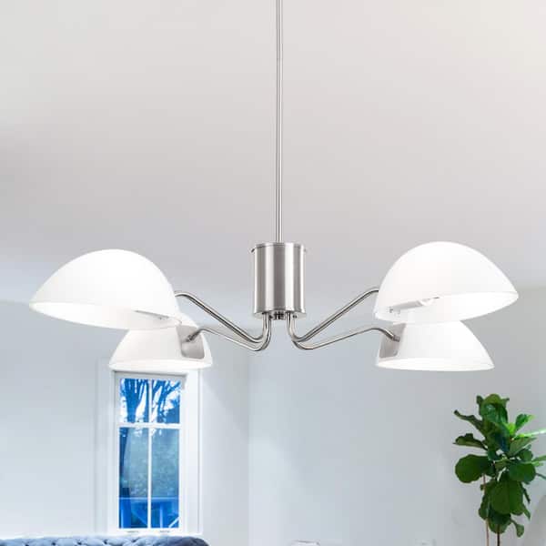 LWYTJO 4-Light Nickel Farmhouse Chandelier Light Fixture with Milk Glass Shades
