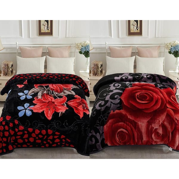 JML Black Flower 83"x91" Reversible Printed Polyester Fleece Mink Warm Thick Winter Blanket
