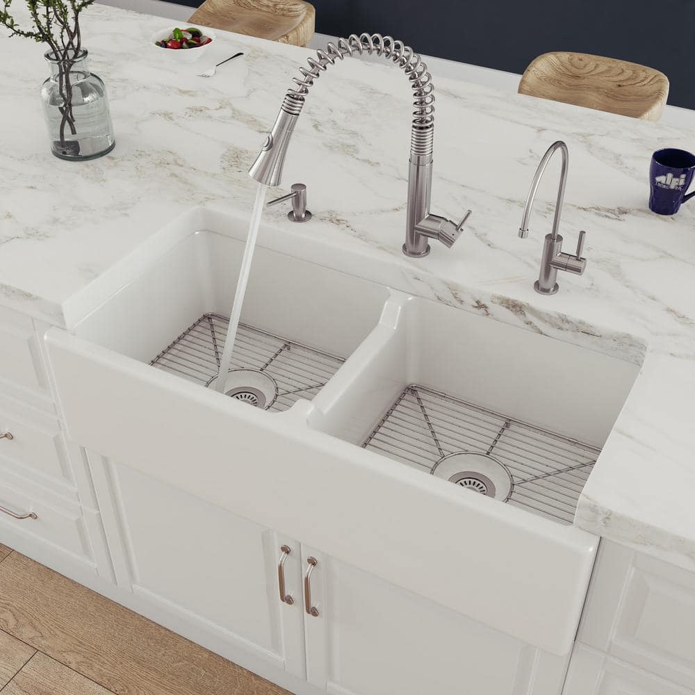 39.5'' White Fireclay Double Bowl Farmhouse Kitchen Sink