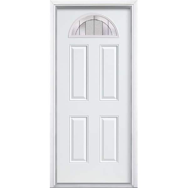 Masonite 36 in. x 80 in. Austere Primed Left-Hand Inswing Decorative Fan Lite Steel Prehung Front Exterior Door with Brickmold