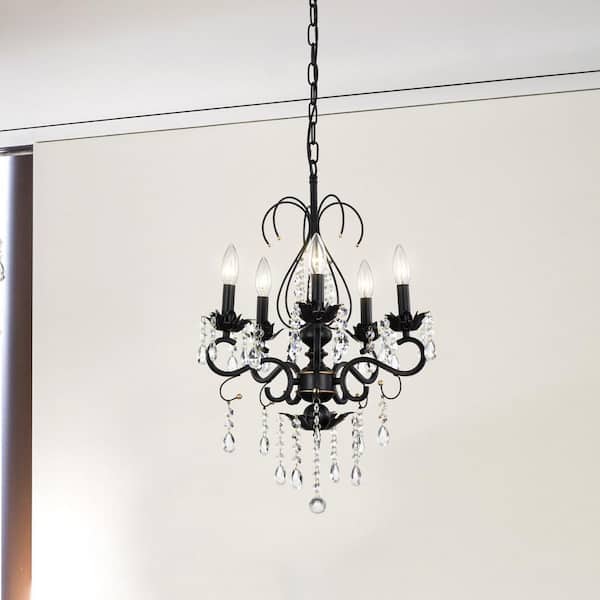 FIRHOT 5-light Black Crystal Chandelier for Kitchen Island Living Room Dining Room Bedroom with No Bulbs Included