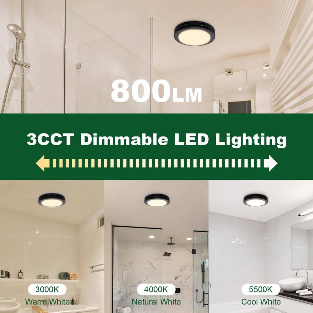 Matte Black Round Bathroom Exhaust Fan with Dimmable LED Light