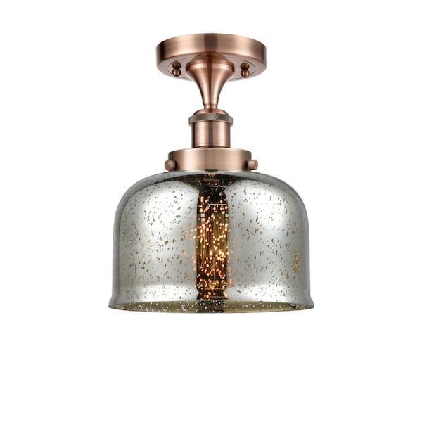 Bell 8 in. 1-Light Antique Copper Industrial Semi-Flush Mount with Decorative Glass Shade