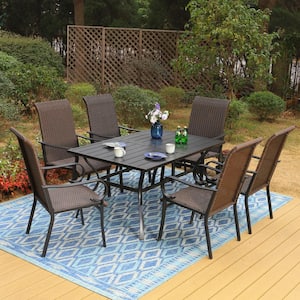 7-Piece Metal Patio Outdoor Dining Set with Brown Rattan High Back Arm Chairs