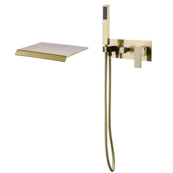Single-Handle Wall-Mount Roman Tub Faucet with Hand Shower 3-Hole in Brushed Gold