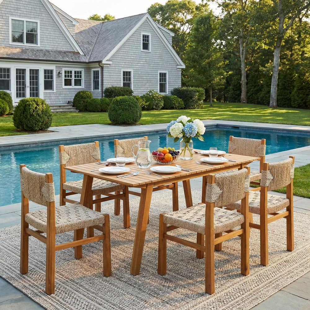 Emanuele 7-Piece Rectangle Teak Solid Wood Top Dining Table Set (Seats 6)