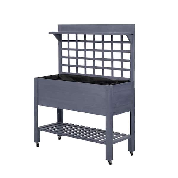 40 in. Inner Length Grey Wood Rectangle Outdoor Raised Bed Raised Planter Boxes with Trellis on Wheels (1-Pack)
