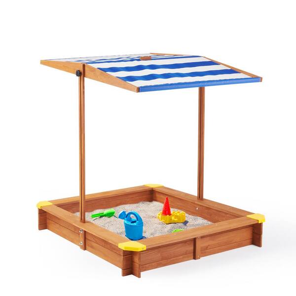 Unbranded - 3.8 ft. W x 3.8 ft. L Outdoor Wood Kids Sandbox with Adjustable Canopy, Large Outdoor Sandpit for Backyard Play