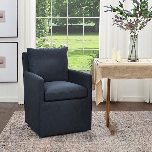 Indigo Performance Fabric Upholstered Down Cushion Rolling Dining Armchair