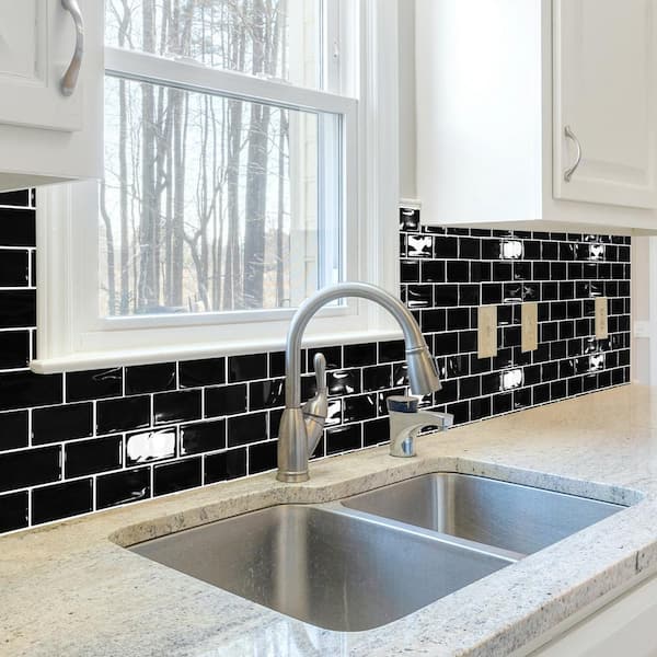 Black 12 in. x 6 in. Vinyl Peel and Stick Backsplash for Bathroom Laundry Room RV Stove, covers 9.5 Sq. Ft. 10-Pack