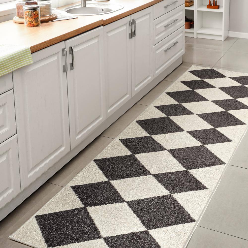 White and Dark Gray Geometric Synthetic Runner Rug, 2 x 8 ft.