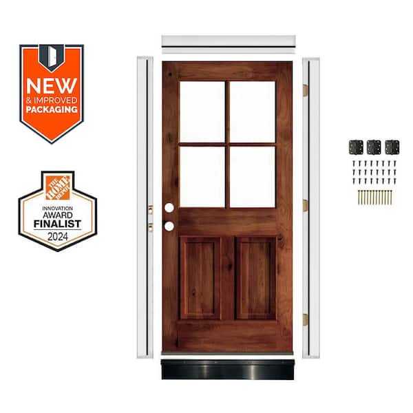 DIY 32 in. x 80 in. Right-Handed Clear Glass Red Chestnut Stain Knotty Alder Wood Front Door Kit w/ Quick Assemble Jamb