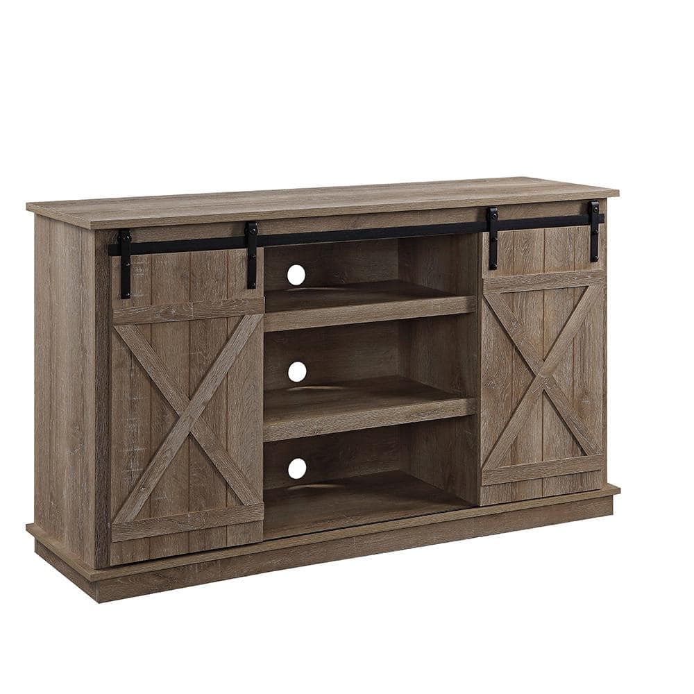 Rustic Oak Corner TV Stand with Sliding Barn Doors