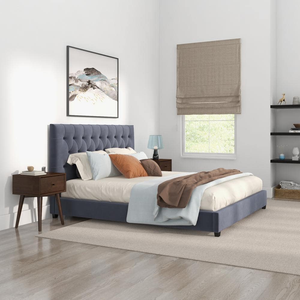 Elda Gray Velvet Upholstered King Platform Bed with Tufted Headboard