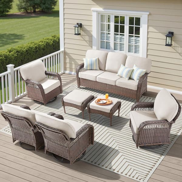 Tyber Brown 7-Piece Wicker Patio Conversation Swivel Glider Set Outdoor Sofa Seating Set with 5 in. Beige Cushions