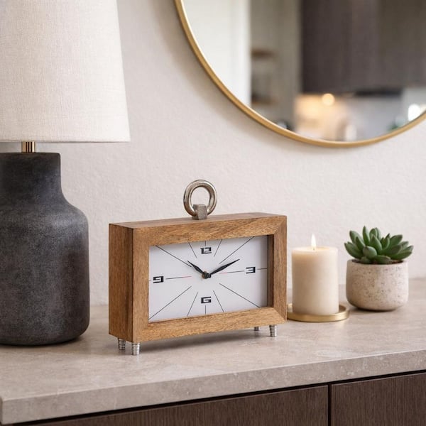 Brown Wood Metal 9.5 in. H Mod Rectangle Table Clock