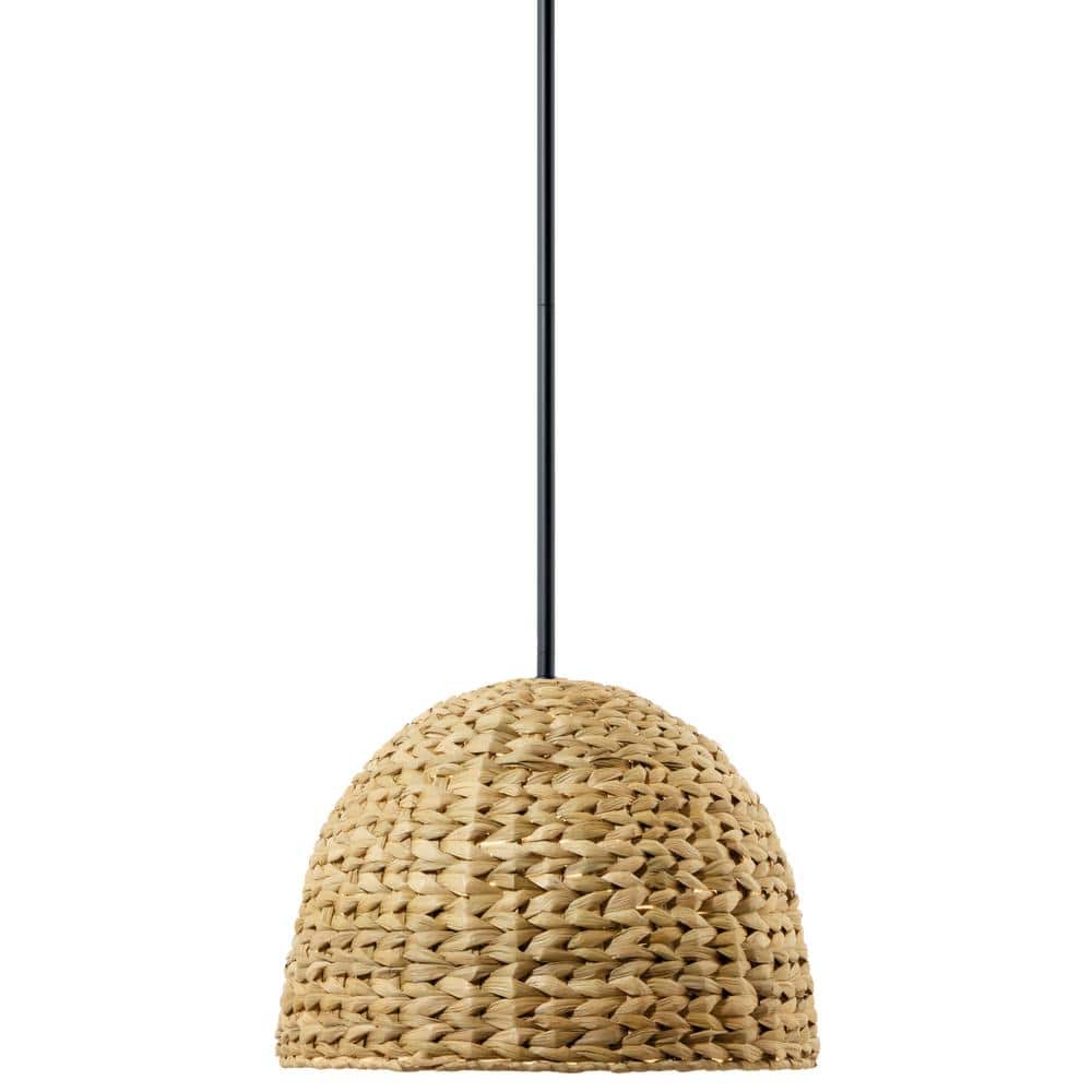 Raffiana Black and Natural Rattan Dome Pendant Light