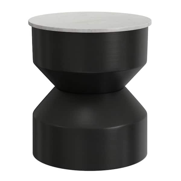 Maxine 16 in. Round Genuine Marble Top Modern Metal End Table in Black/White, Assembled