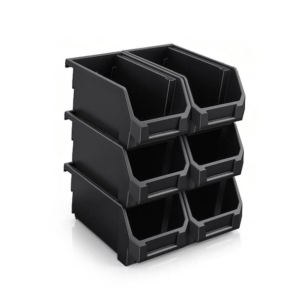 Sorbus Open Front Stackable Garage Plastic Storage Bin – Organize Tools, Hardware & Shelving - Medium, Set of 6, Black