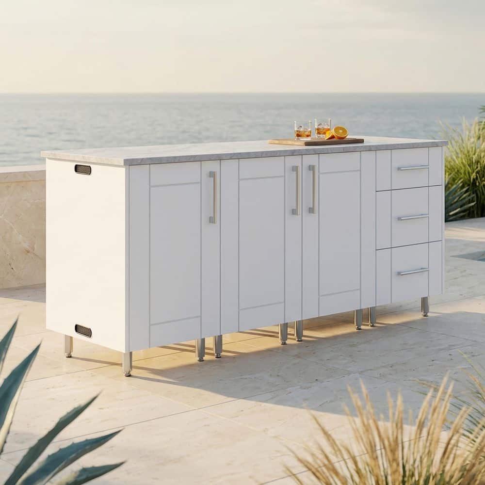 Midday 74.5 in. W Propane Grill Island in Sanibel Shell White with 3-Drawer Base and 2 ROT Cabinet