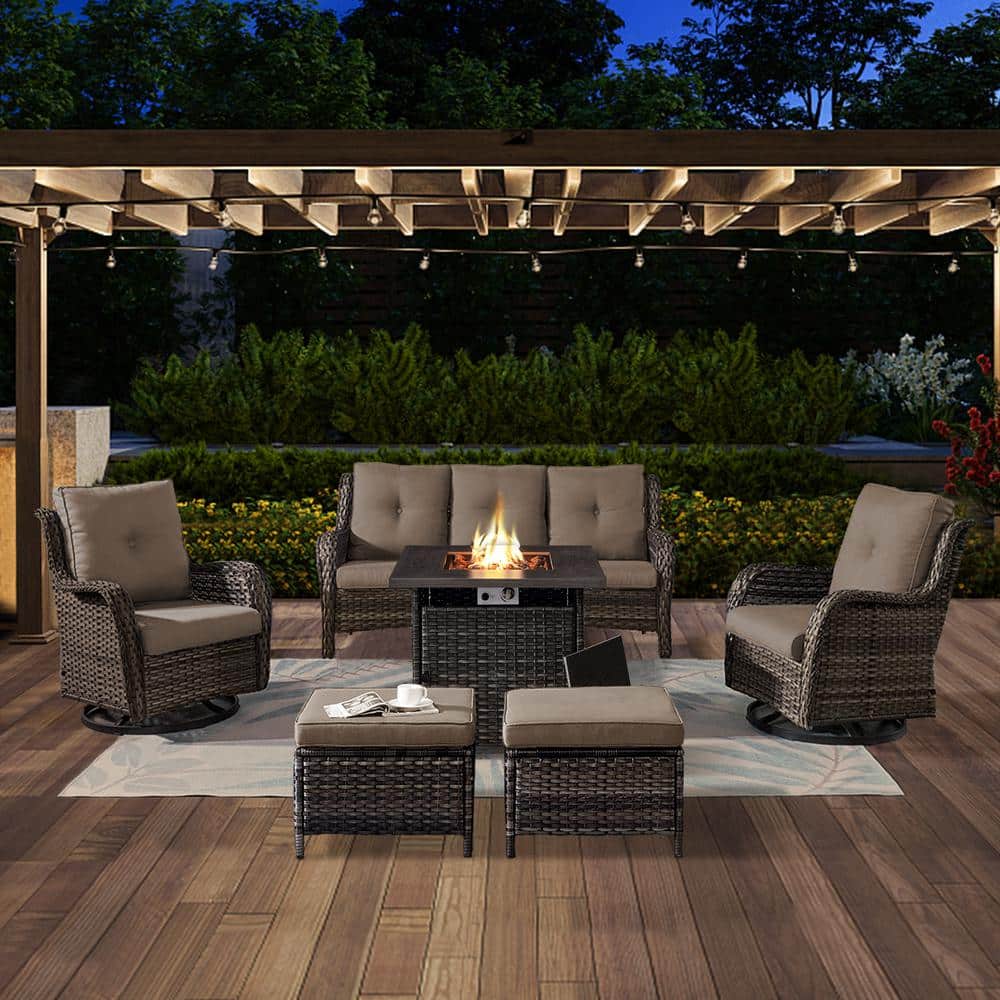 ArcoBay 6-Piece Gray Wicker Patio Square Fire Pit Conversation Set with Gray Cushions and Swivel Rocking Chairs price history on PriceWatchPro