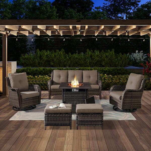 Opohoro ArcoBay 6-Piece Gray Wicker Patio Square Fire Pit Conversation Set with Gray Cushions and Swivel Rocking Chairs