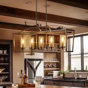Lakeyah 5-Light Metal Industrial Lantern Linear Chandelier for Kitchen Island with Cylindrical Glass Shade