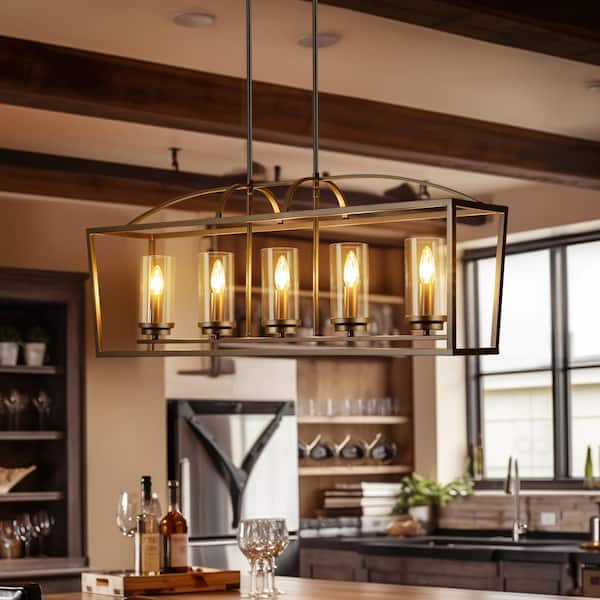 RRTYO Lakeyah 5-Light Metal Industrial Lantern Linear Chandelier for Kitchen Island with Cylindrical Glass Shade