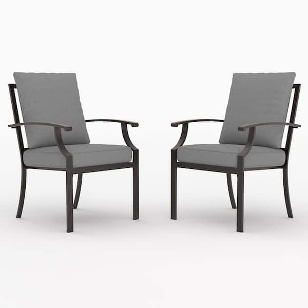 Brown Patio Metal Outdoor Dining/Side/Restaurant Chairs with Modern, Curved Armrests and Gray Cushions (2-Pack)