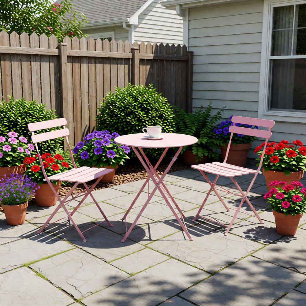 Pink 3-Piece Metal Folding Outdoor Bistro Set with 2 Cushions ZQ