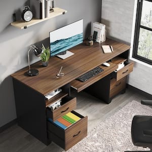 59 in. Rectangular Cherry 4-Drawers Computer Executive Desk with 2-Open Storage and Keyboard Tray