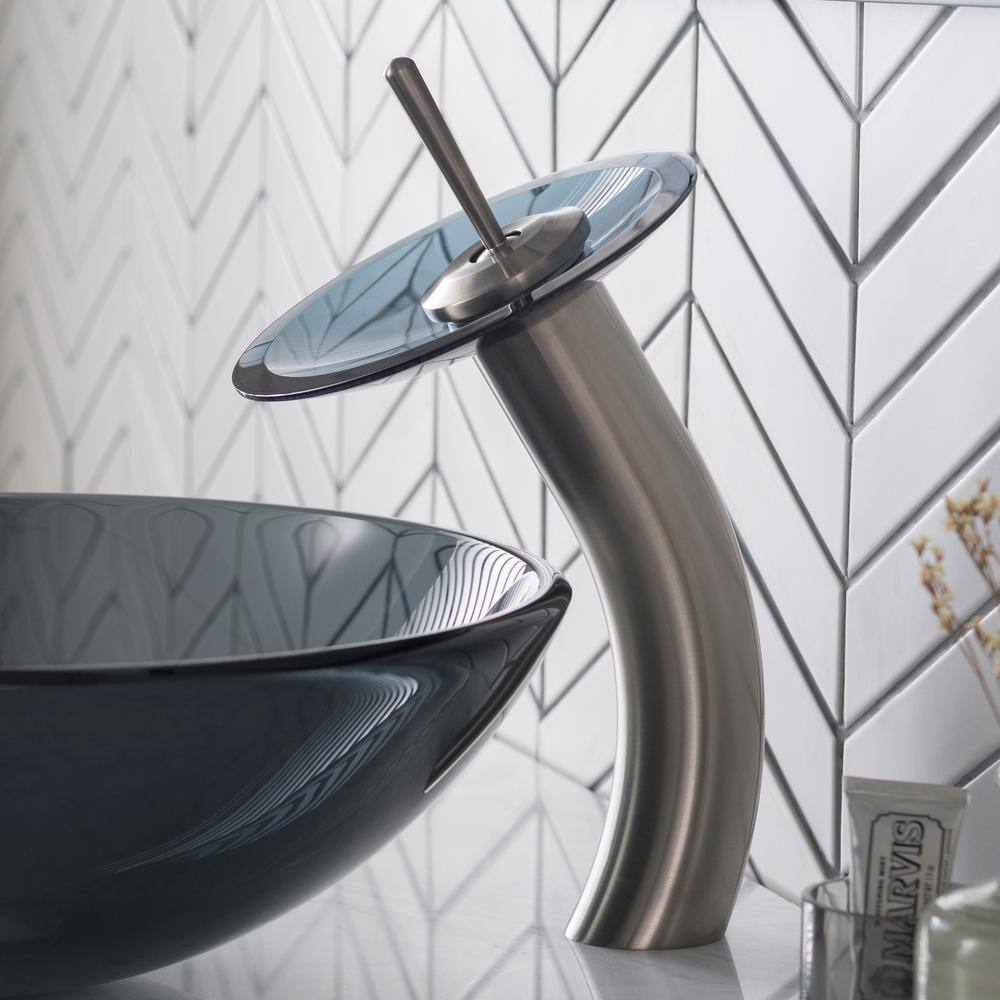 Satin Nickel Single Hole Vessel Faucet with Frosted Glass Disk