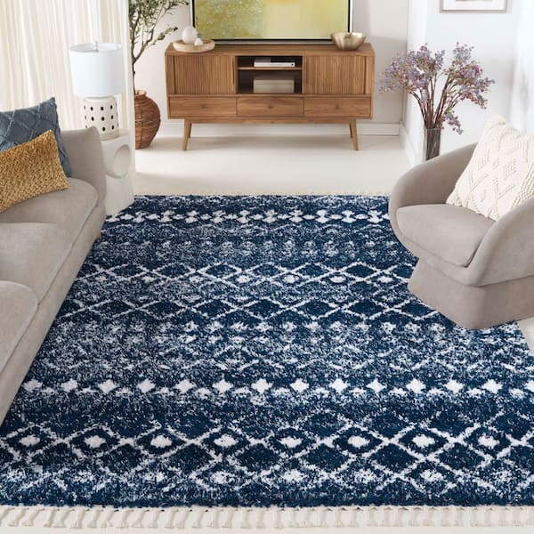 Berber Fringe Shag 7 ft. x 9 ft. Navy/Ivory Diamond Striped Ikat Area Rug
