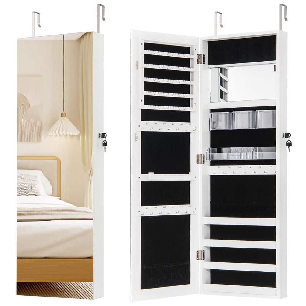 43.5'' Jewelry Mirror Cabinet w/ Full-length Mirror & Interior Makeup Mirror White