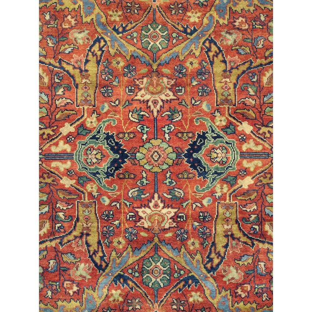 Elegant Mahal Hand-Knotted Wool Area Rug in Rust Red, 6' x 8'9"