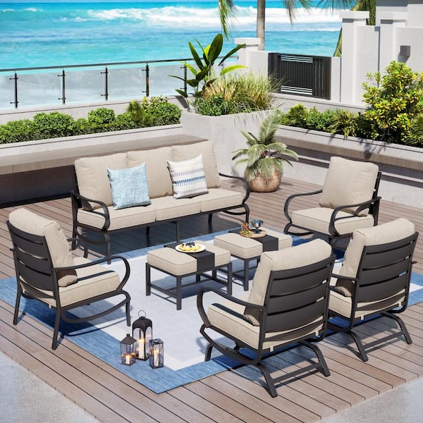 PHI VILLA Black Slatted 9-Seat 7-Piece Metal Outdoor Patio Conversation Set with Beige Cushions,2 Motion Chairs and 2 Ottomans