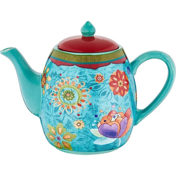 Adrinfly 5-Cup Blue Floral Ceramic Counter or Shelf 40 oz. Teapot No Toxins No Lead and Cadmium with Great Heat Retention