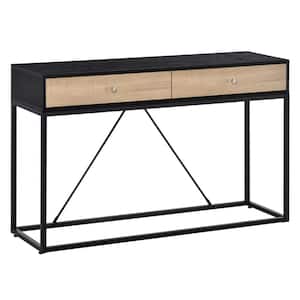 Modern 47.25 in. Natural and Black Rectangle Particle Board Console Table with Drawers