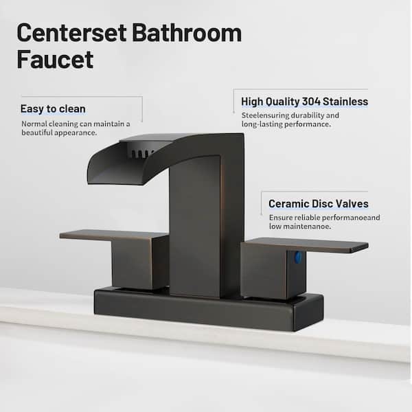 Waterfall 304 Stainless Steel 4 in. Centerset Double Handle Bathroom Faucet with Drain Kit Included in Oil Rubbed Bronze