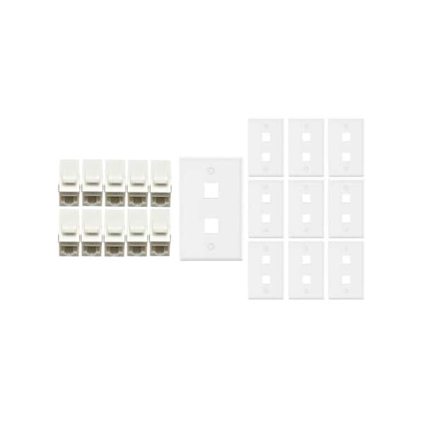10-Pack 1-Gang White Keystone Plastic Wall Plate 2-Port & 10 Cat 6A RJ45 Keystone Inline Couplers White