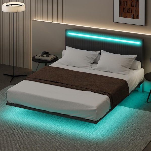 Floating Design Gray Wood Frame Queen Size Velvet Platform Bed with Height-adjustable Headboard and LED Lights