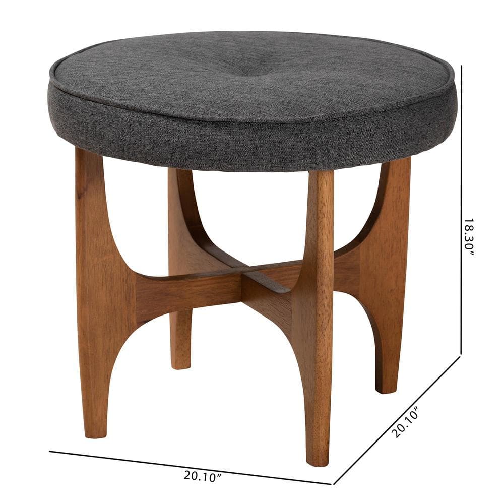 Theo Dark Gray Fabric and Walnut Wood Round Tufted Ottoman