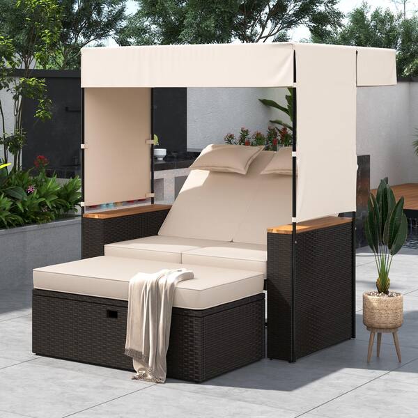 Nestfair Brown Wicker Outdoor Bench Lounge Chair with Roof, Adjustable Backrest and Beige Cushions (2-Piece)