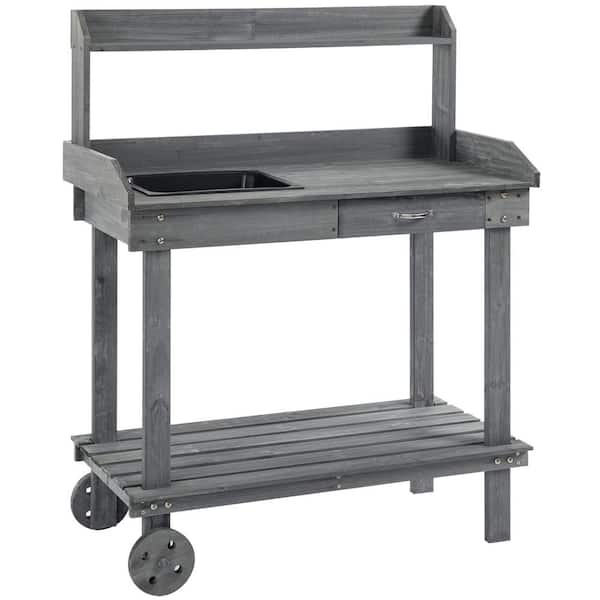 Outsunny 17.75 in. W x 46.75 in. H Gray Wooden Shed Potting Bench Work Table