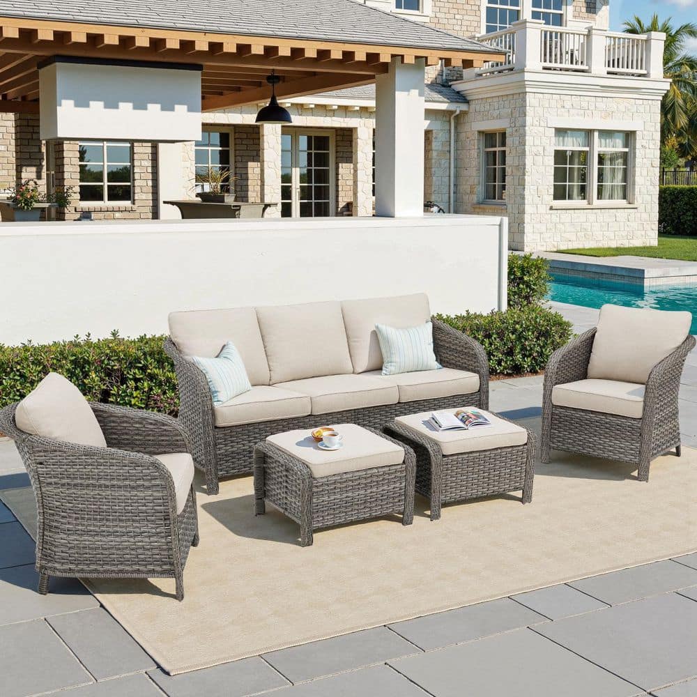 NestBarrel Light Gray Wicker Patio Conversation Set with Olefin Beige 4 in. Thick Cushions (5-Piece) price history on PriceWatchPro