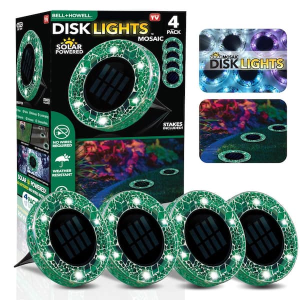 Bell + Howell Mosaic Disk Lights Green Solar Powered LED Weather Resistant Path Lights with Mosaic Glass Top (4-Pack)