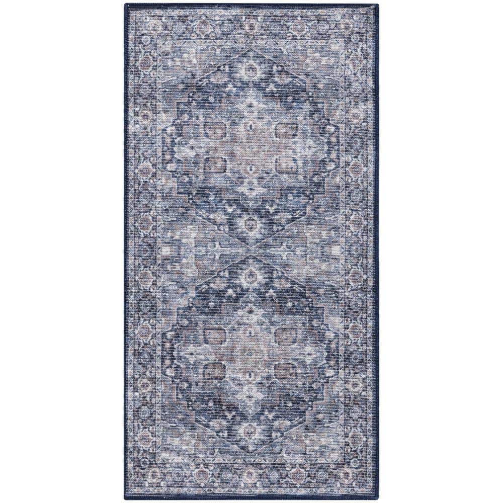 Machine Washable Series 1 Ivory Navy 3 ft. x 5 ft. Distressed Traditional A